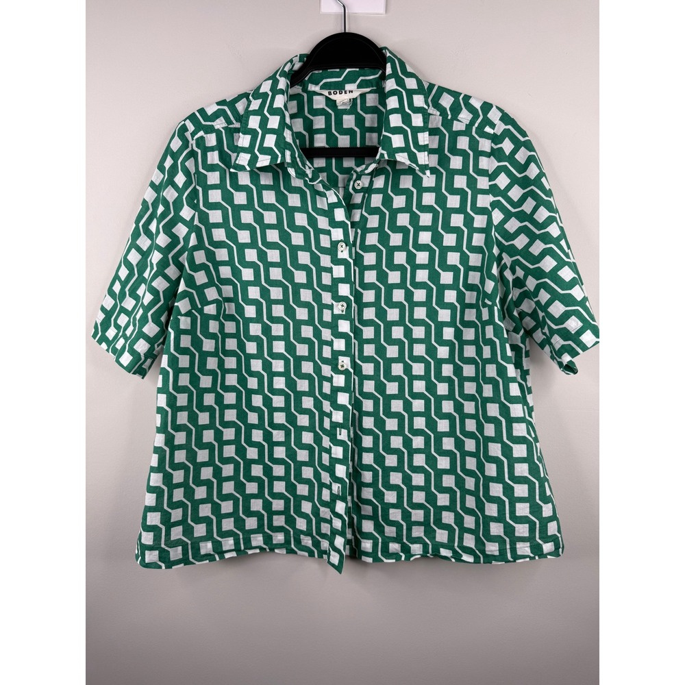 Boden Womens US 10 Green White Geometric 100% Cotton Button Front Shirt Top